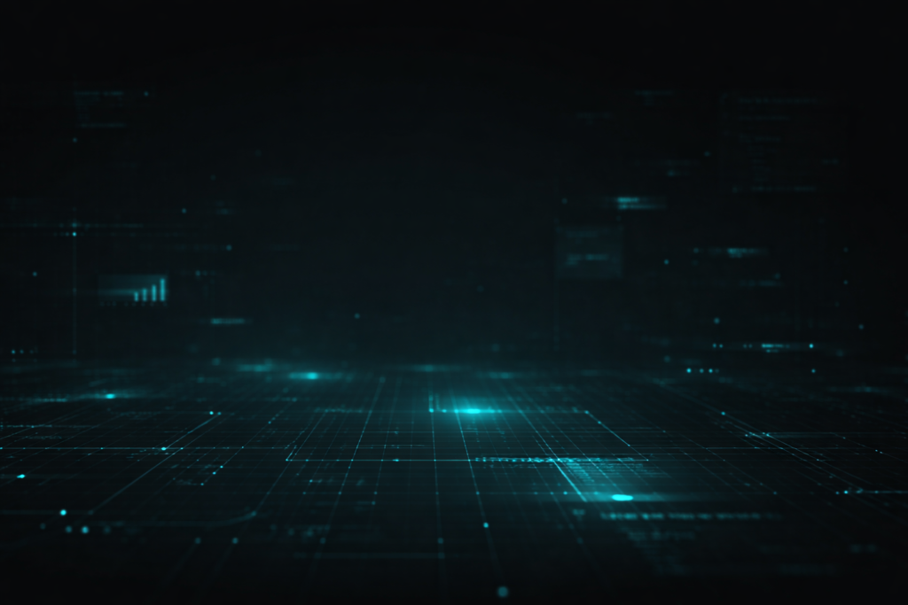 Fondo tecnológico abstracto en tonos oscuros con retícula digital y acentos turquesa, que transmite estructura, orden y funcionamiento técnico estable.