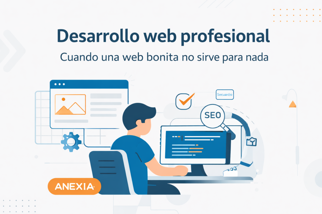 Ilustración de desarrollo web profesional mostrando análisis técnico, estructura de sitio y optimización SEO más allá del diseño visual
