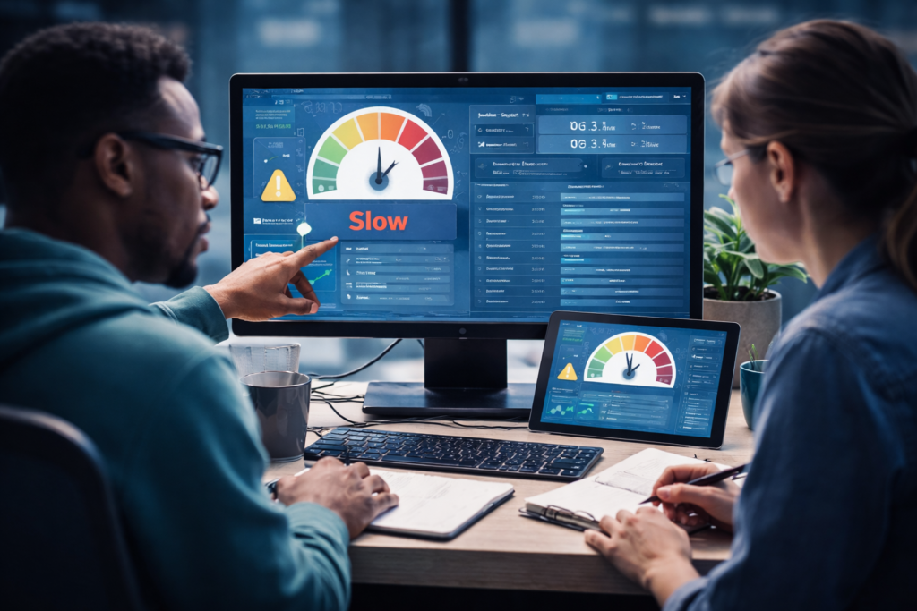 Profesionales revisando el rendimiento de un sitio WordPress lento mediante análisis técnico en pantalla, identificando problemas estructurales y de carga