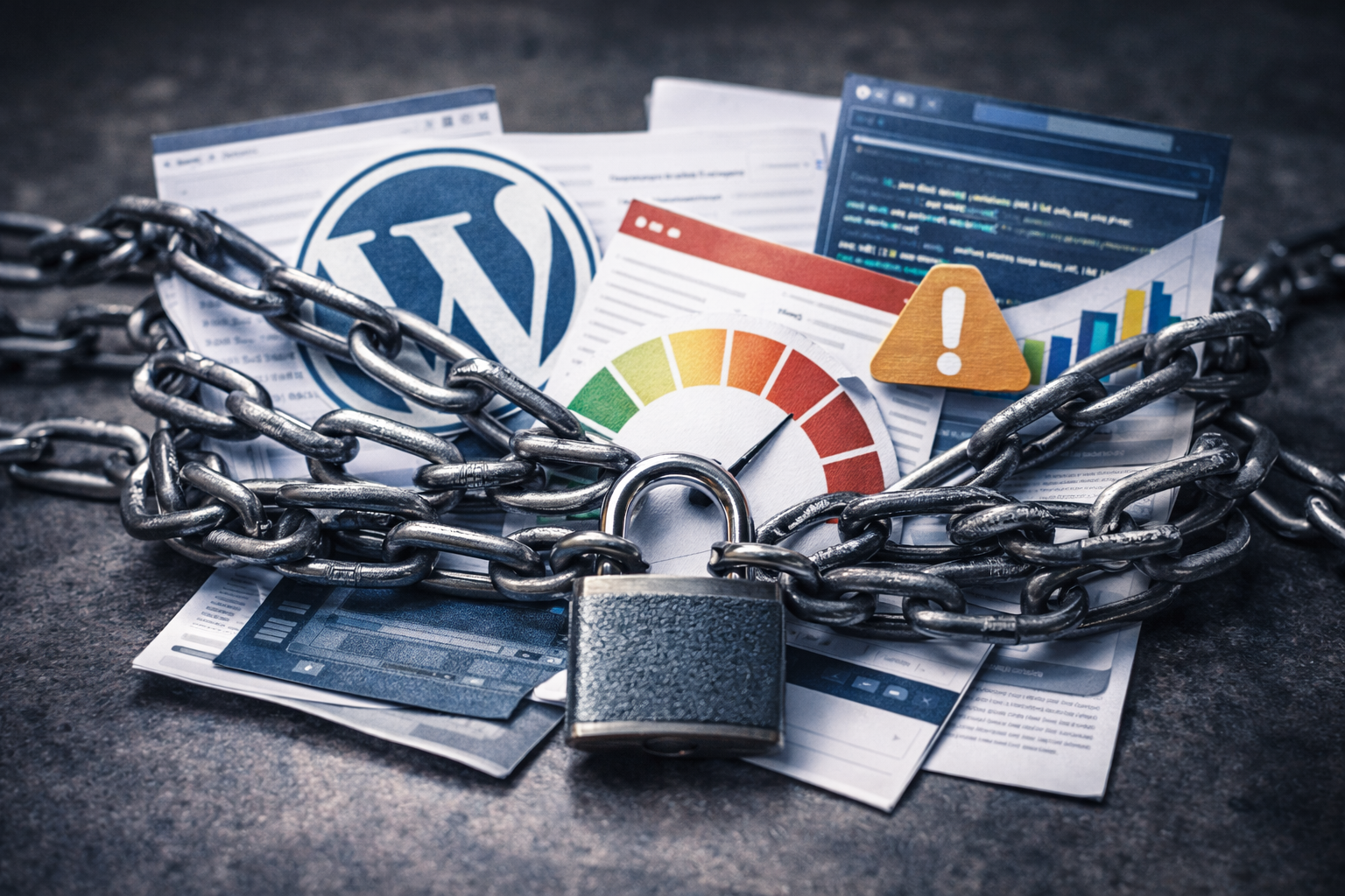 Visualización simbólica del diagnóstico técnico de un WordPress lento causado por una mala arquitectura web