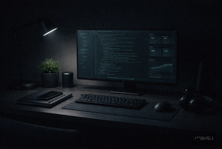 Espacio de trabajo minimalista en tonos oscuros con monitor mostrando código y paneles de datos, que transmite concentración, estabilidad y control técnico en el desarrollo web.