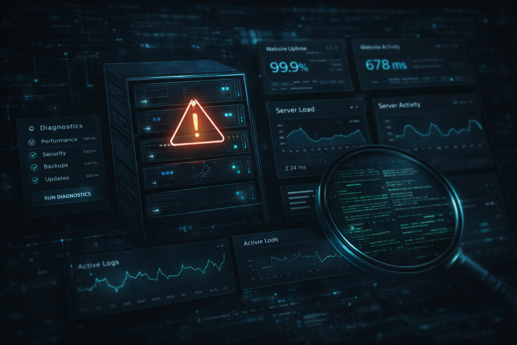 Ilustración técnica en tonos oscuros con servidores, paneles de diagnóstico y gráficos de rendimiento, que representa detección de fallos, mantenimiento y resolución de incidencias en sistemas web.