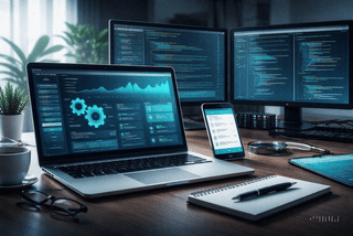 Entorno de trabajo técnico con pantallas de código y analítica en tonos turquesa y negro.