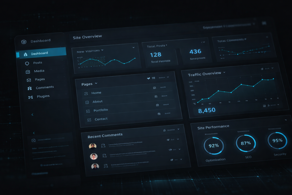 Interfaz abstracta de panel de gestión web en tonos oscuros con elementos gráficos y acentos turquesa, que sugiere organización, control y estructura de contenidos digitales.