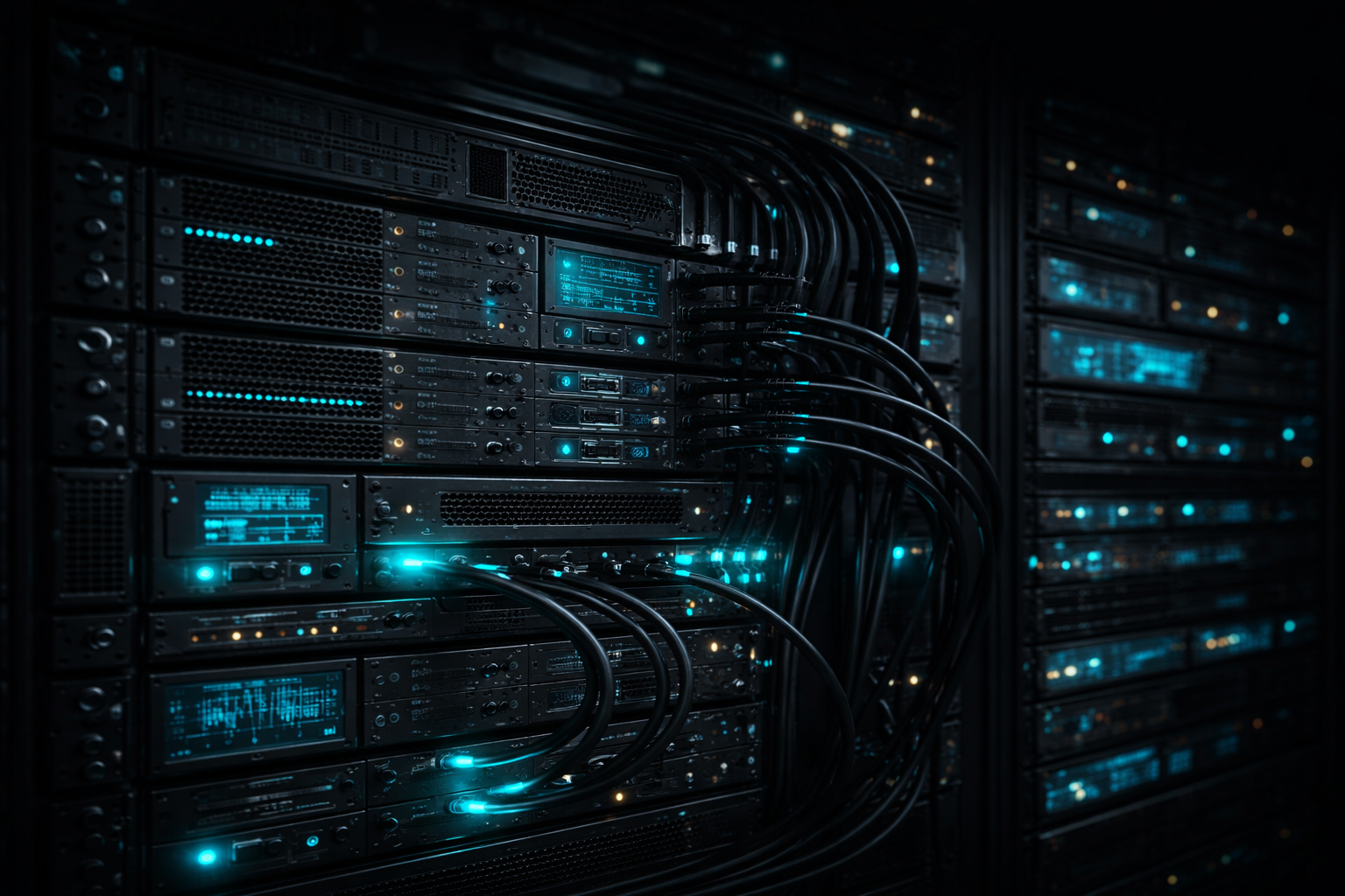 Infraestructura de servidores con cableado y equipos en funcionamiento, representando estabilidad, rendimiento y control técnico de sistemas web.
