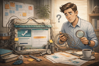 Animación sutil que representa una estructura digital heredada, confusa y difícil de interpretar