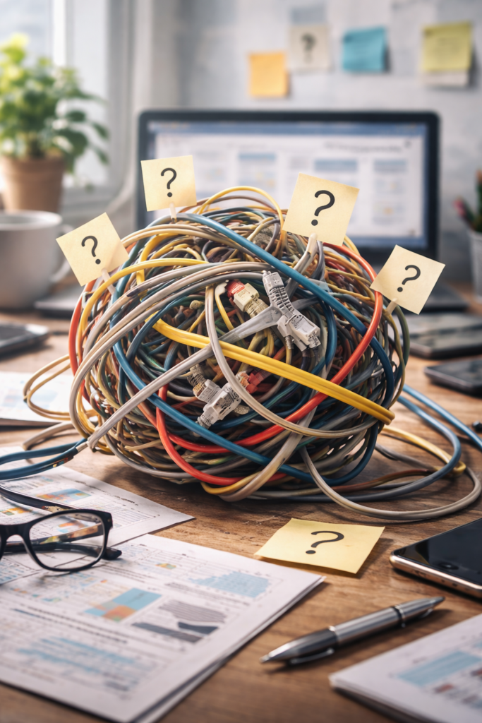 Fotografía hiperrealista de un gran ovillo de cables de red y conexión enredados sobre una mesa de trabajo, con notas adhesivas clavadas con signos de interrogación, simbolizando una estructura web desordenada y difícil de gestionar.