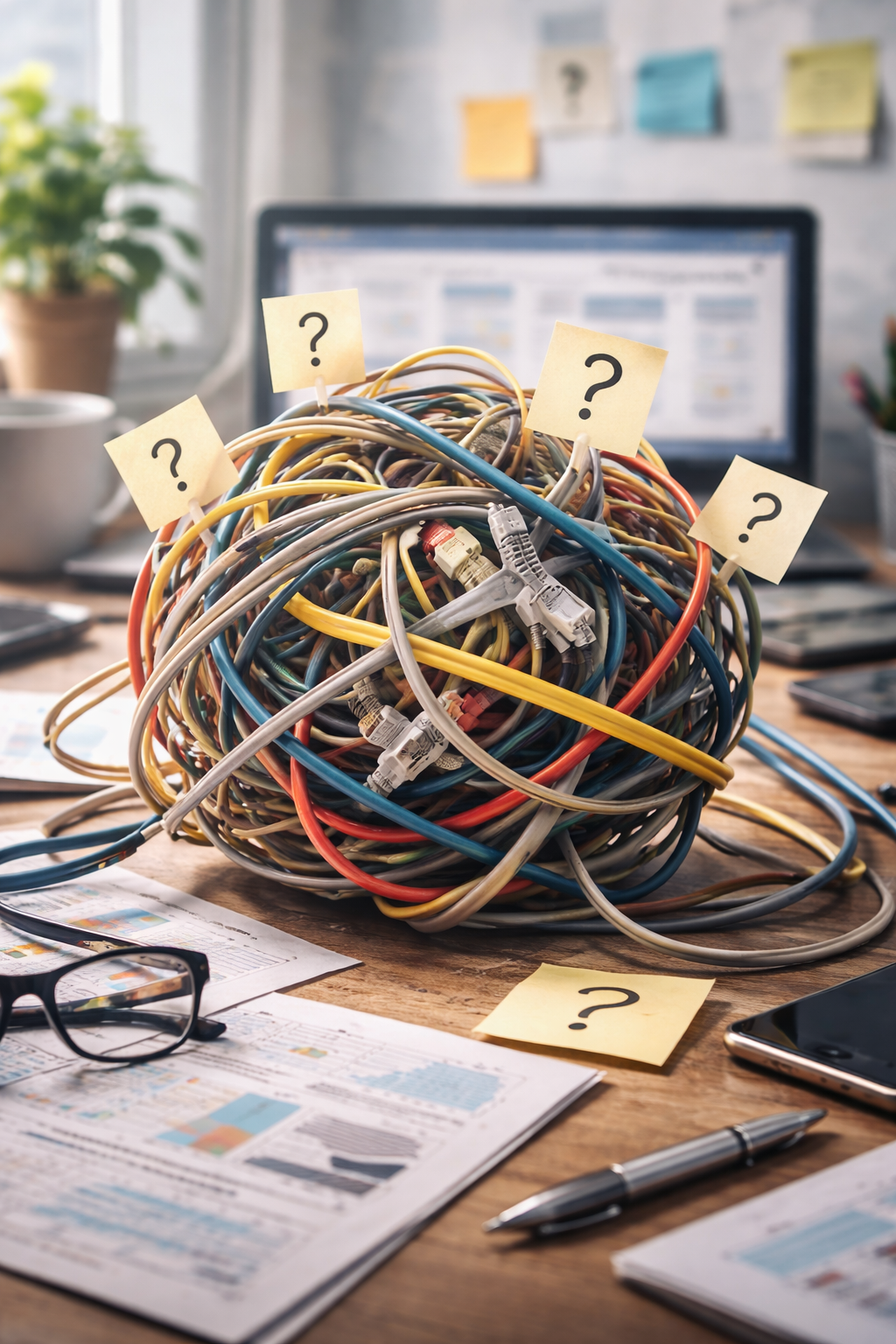 Fotografía hiperrealista de un ovillo de cables de red enredados sobre una mesa, simbolizando una arquitectura web caótica y difícil de gestionar
