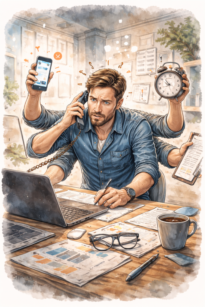Hombre agobiado con seis brazos trabajando frente a un portátil mientras sostiene teléfono, móvil, reloj y documentos, simbolizando la sobrecarga al intentar gestionar solo el desarrollo y mantenimiento de su web.