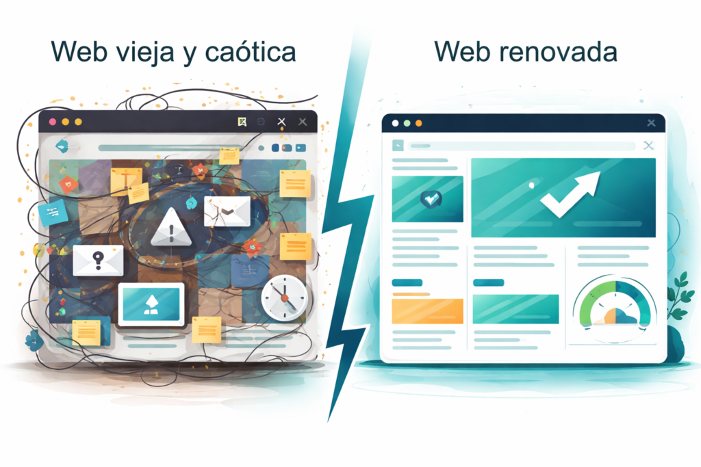 Comparativa visual entre una web antigua y caótica con problemas estructurales y una web rehecha desde cero, clara, funcional y orientada a rendimiento y objetivos