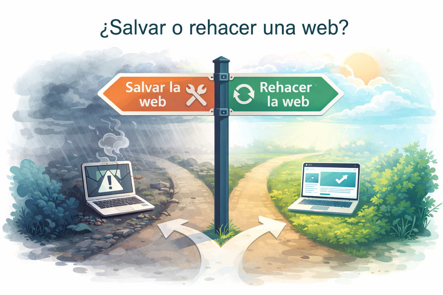 Ilustración conceptual de la decisión crítica entre rehacer una web o insistir en salvar una estructura fallida