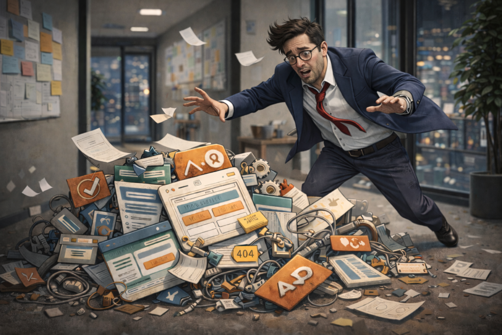 Fotografía ultrarrealista de una persona adulta en un entorno profesional sobrio, mostrando tensión contenida y desgaste al trabajar con una estructura heredada que dificulta avanzar