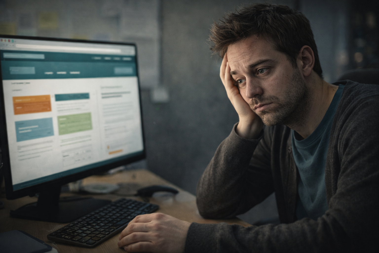 Fotografía ultrarrealista que representa cansancio y falta de motivación al trabajar con una web que ya no acompaña el proyecto