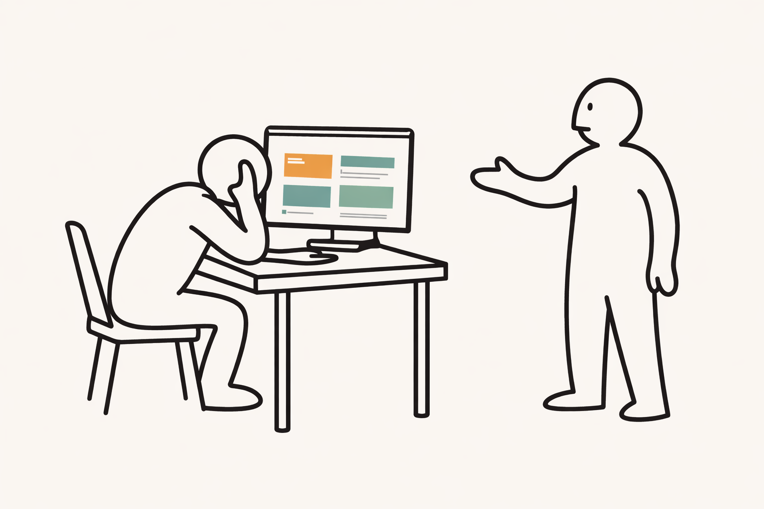 Ilustración esquemática tipo manual de IKEA que simboliza la pereza y el desgaste al trabajar con una web que no acompaña