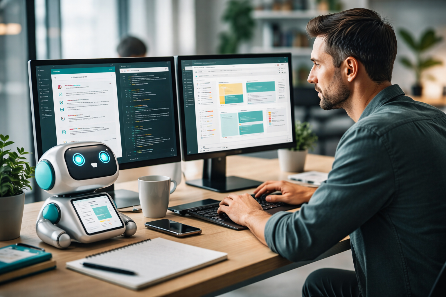 Fotografía realista que representa el criterio humano como eje del desarrollo web con apoyo de inteligencia artificial