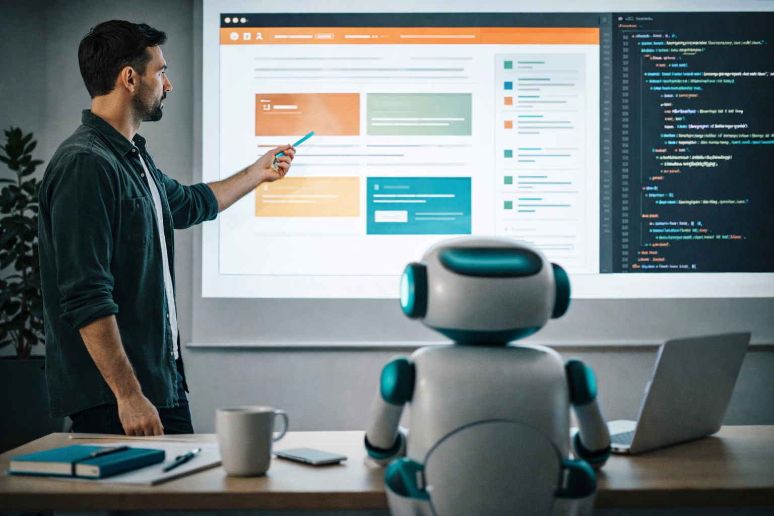 Fotografía realista que simboliza la colaboración entre criterio humano y automatización en desarrollo web
