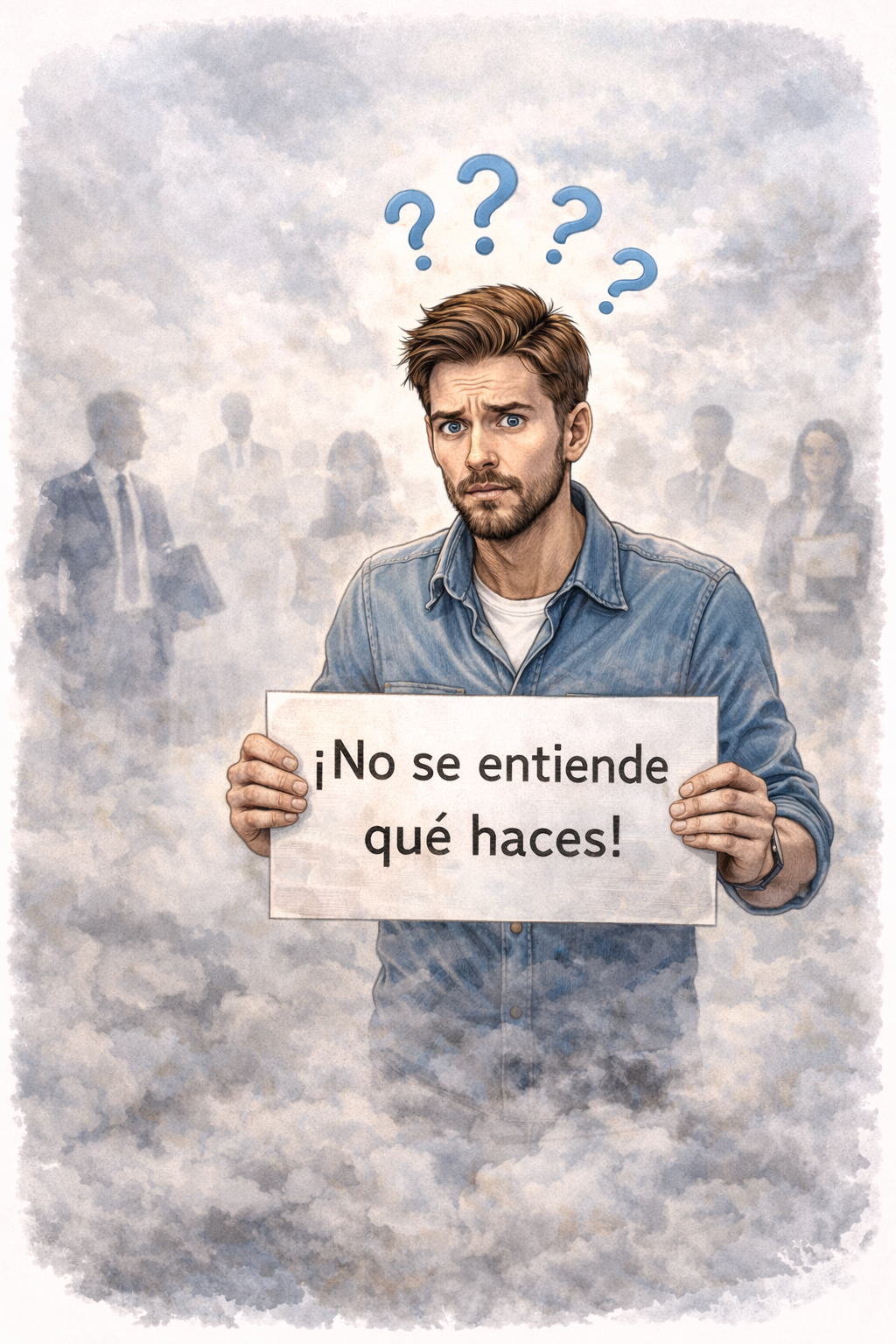 Hombre confundido sosteniendo un cartel con el texto “No se entiende qué haces”, simbolizando falta de claridad en el mensaje de una web
