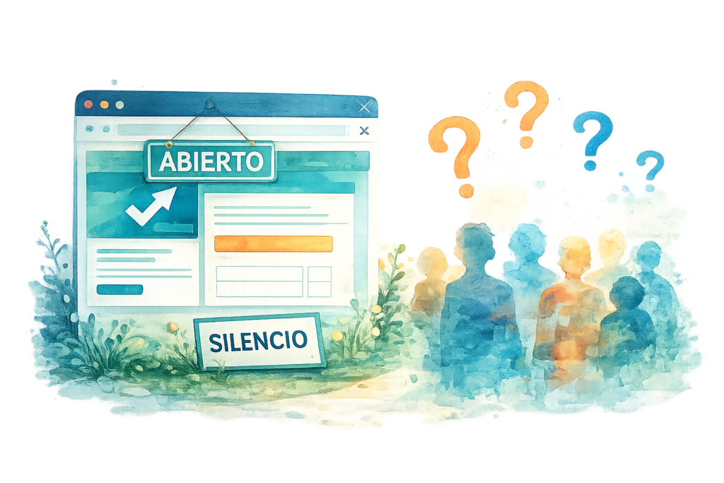 Ilustración en acuarela de una web representada como un escaparate abierto pero silencioso, con visitantes confusos que no saben qué hacer ni hacia dónde dirigirse