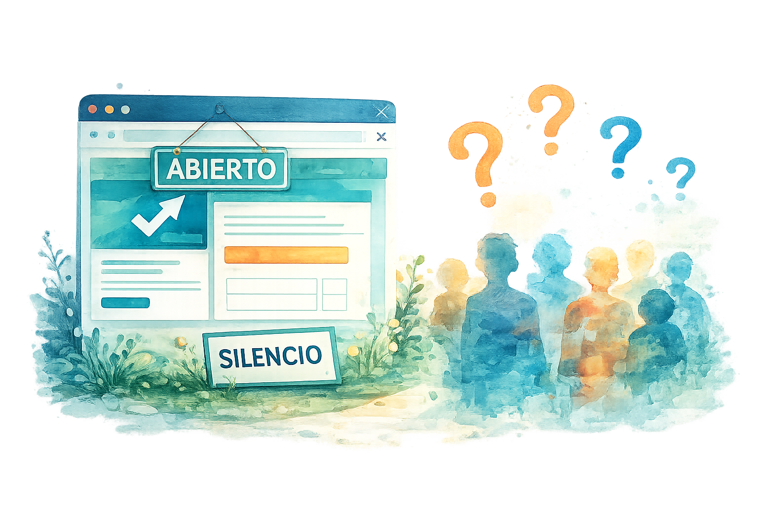 Ilustración conceptual de una web abierta que no genera interacción ni contactos