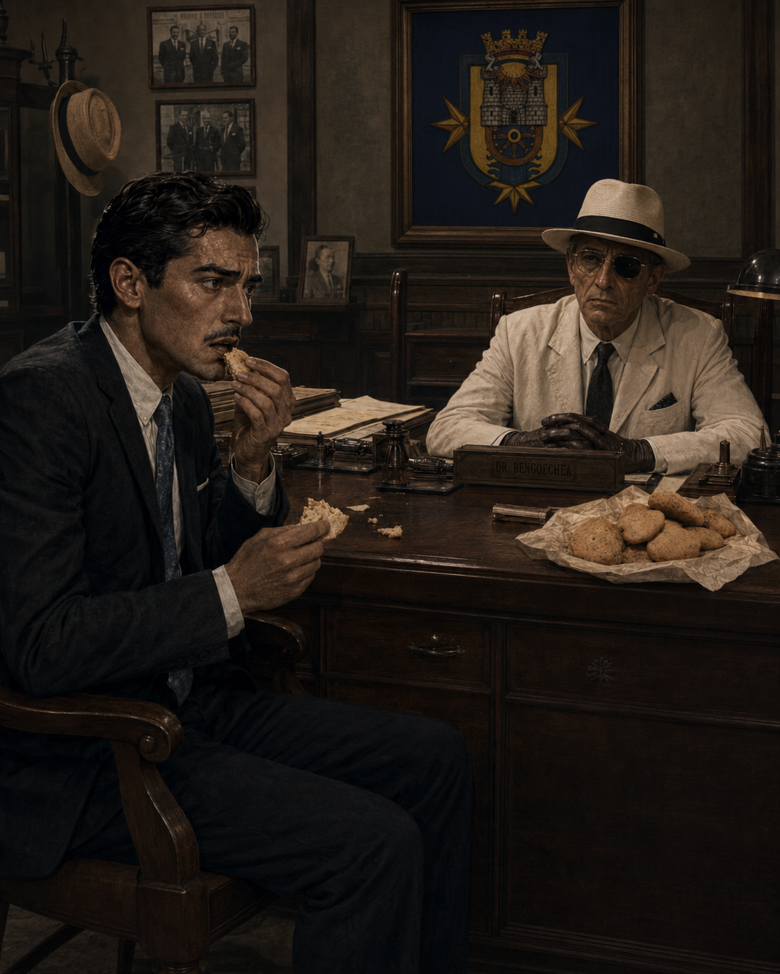 Ilustración de Lauro comiendo una allulla con dificultad