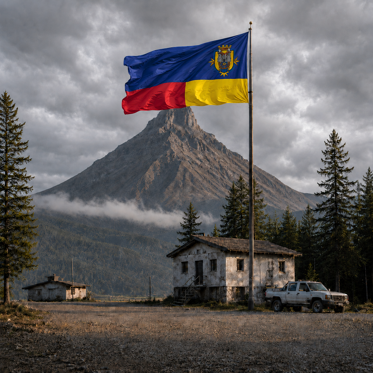 Bandera de Megadonia ondeando ante una montaña bajo un cielo de tormenta